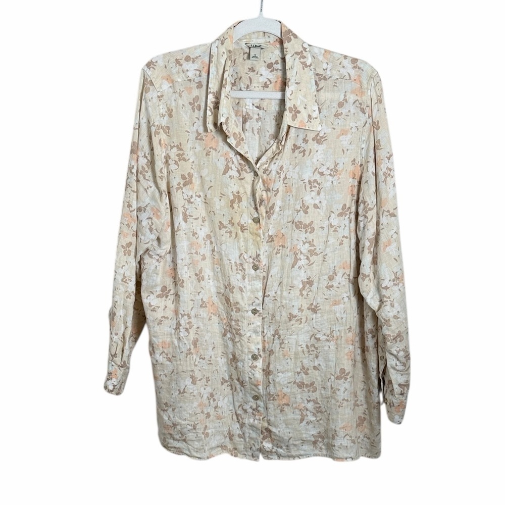 LL Bean Linen Floral Button Down Shirt Size 1X Beach Summer Vacation Cover Up